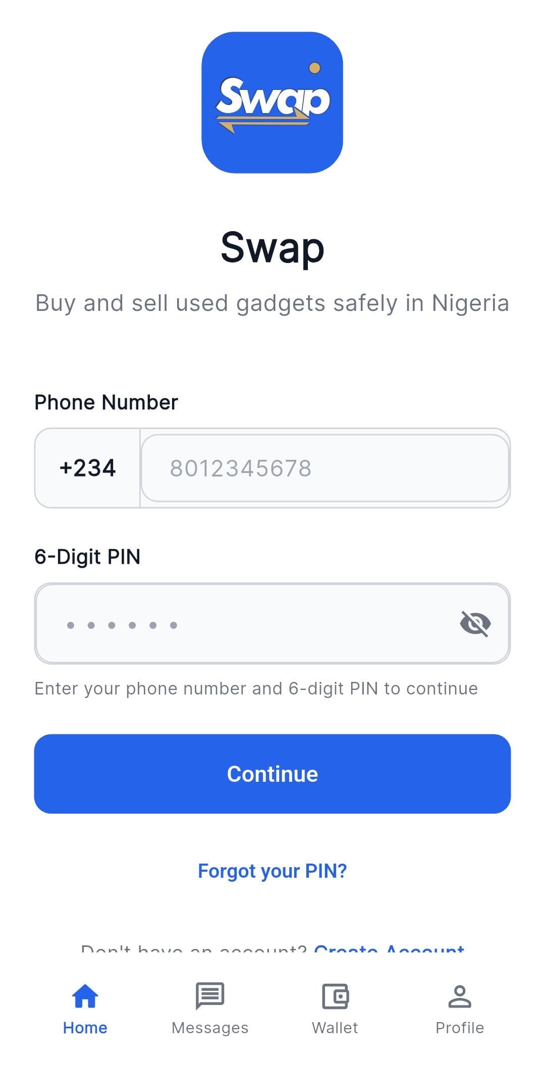 Swap mobile login screen